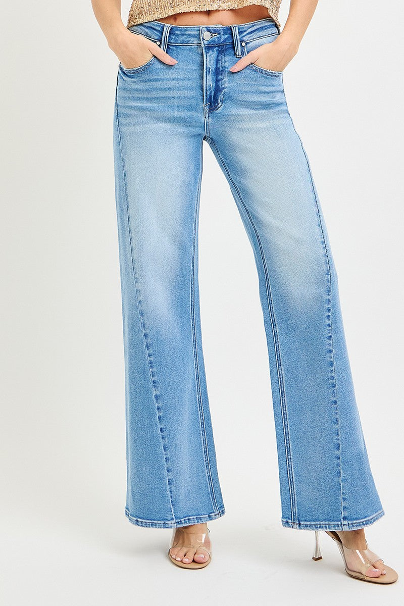 HIGH RISE ANKLE WIDE JEANS WITH CURVED SEAM DETAILS