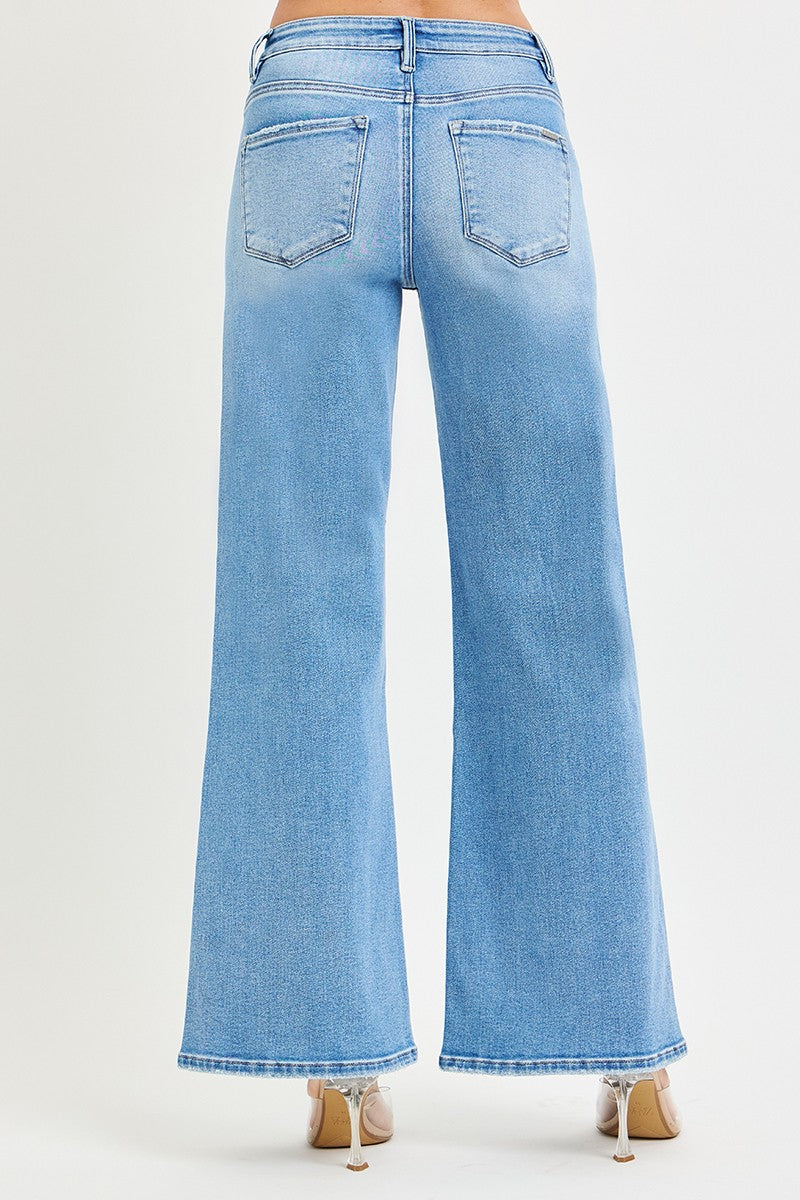 HIGH RISE ANKLE WIDE JEANS WITH CURVED SEAM DETAILS
