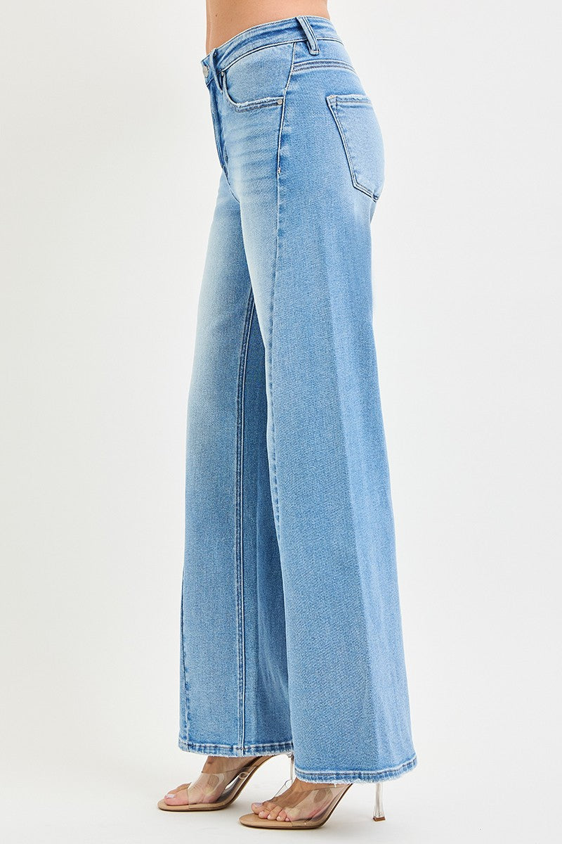 HIGH RISE ANKLE WIDE JEANS WITH CURVED SEAM DETAILS