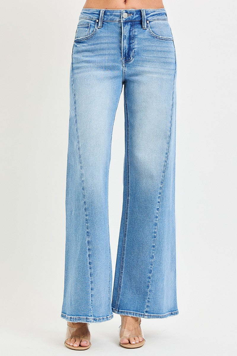HIGH RISE ANKLE WIDE JEANS WITH CURVED SEAM DETAILS