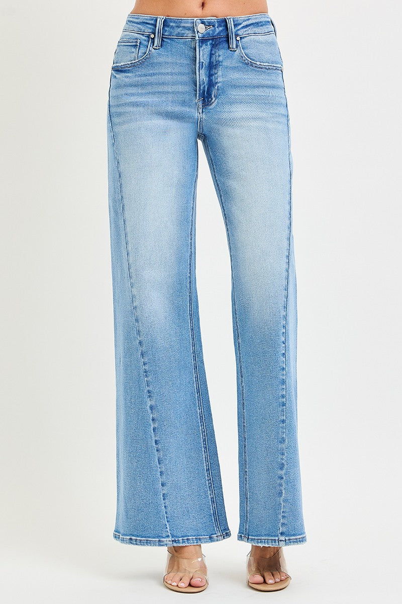 HIGH RISE ANKLE WIDE JEANS WITH CURVED SEAM DETAILS