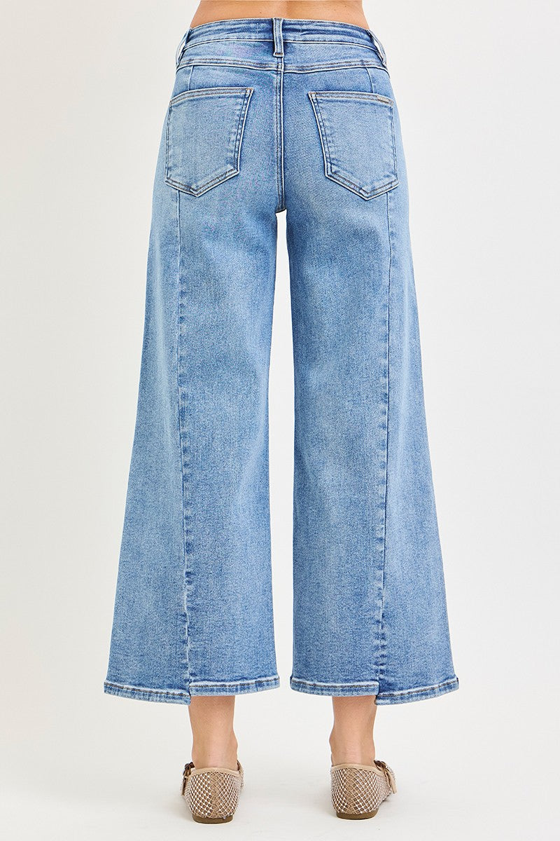 MID RISE CROP WIDE JEANS WITH FRONT STEP HEM DETAILS