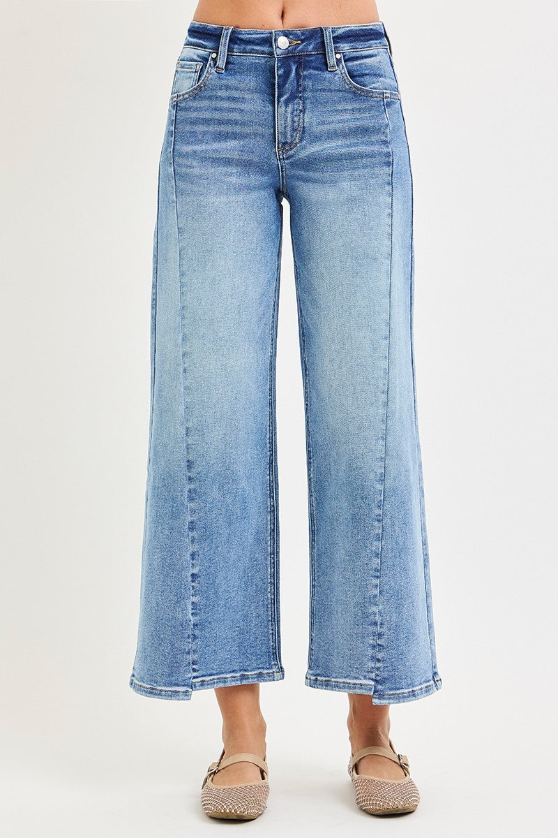 MID RISE CROP WIDE JEANS WITH FRONT STEP HEM DETAILS