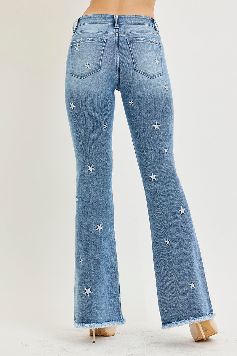MID RISE FLARE STAR EMBROIDERY JEANS