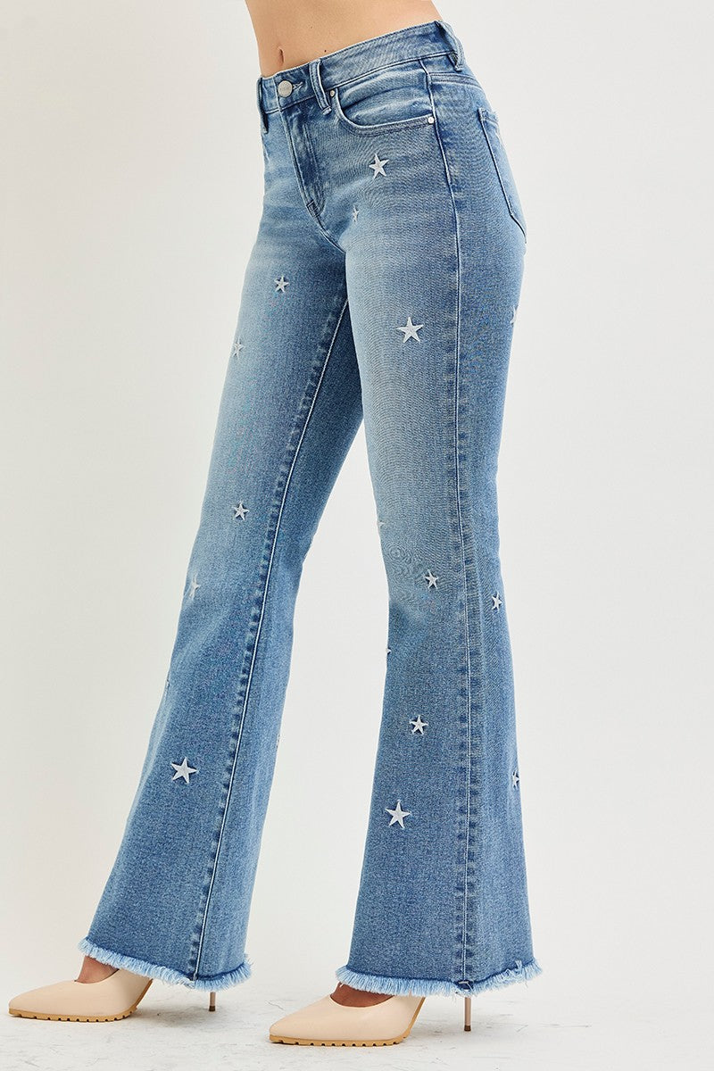 MID RISE FLARE STAR EMBROIDERY JEANS