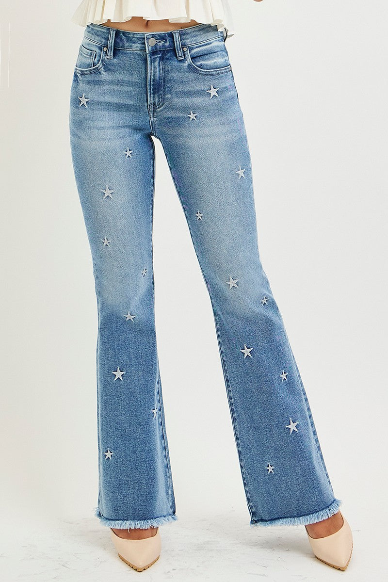 MID RISE FLARE STAR EMBROIDERY JEANS