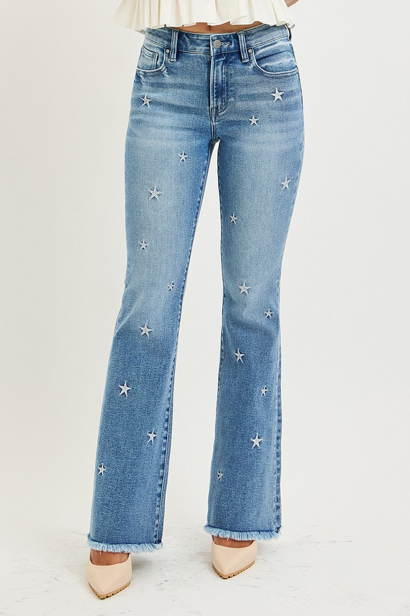 MID RISE FLARE STAR EMBROIDERY JEANS