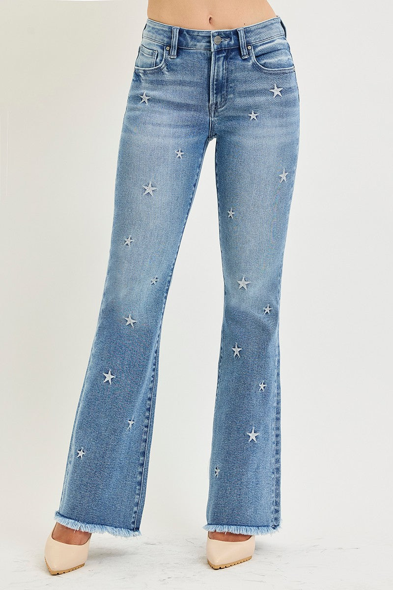 MID RISE FLARE STAR EMBROIDERY JEANS
