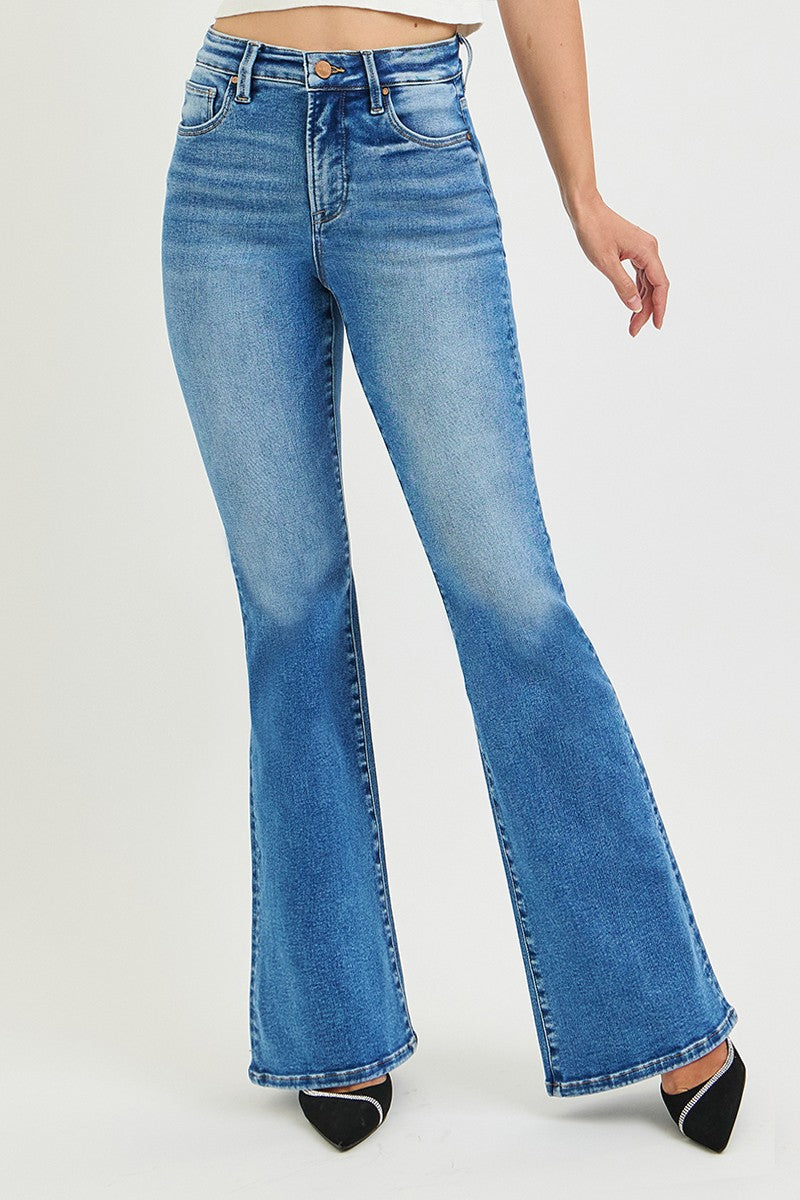 TUMMY CONTORL HIGH RISE FLARE CONTRAST STITCH JEANS