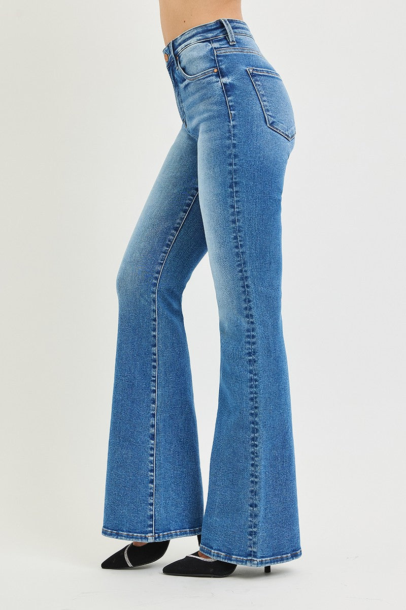 TUMMY CONTORL HIGH RISE FLARE CONTRAST STITCH JEANS
