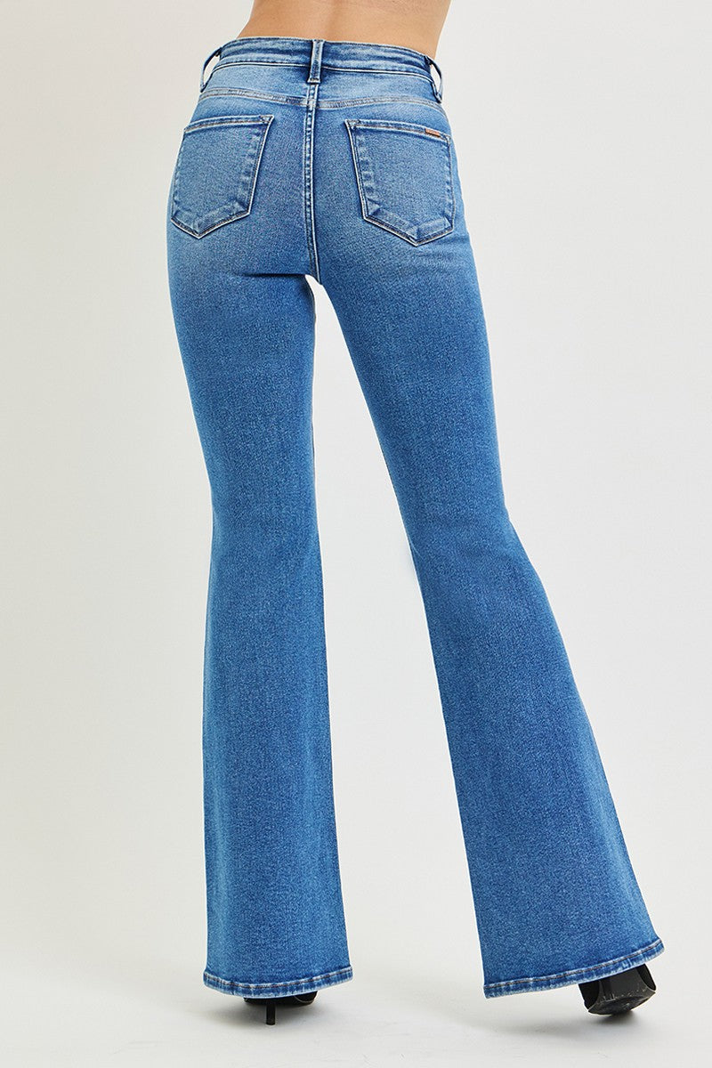 TUMMY CONTORL HIGH RISE FLARE CONTRAST STITCH JEANS