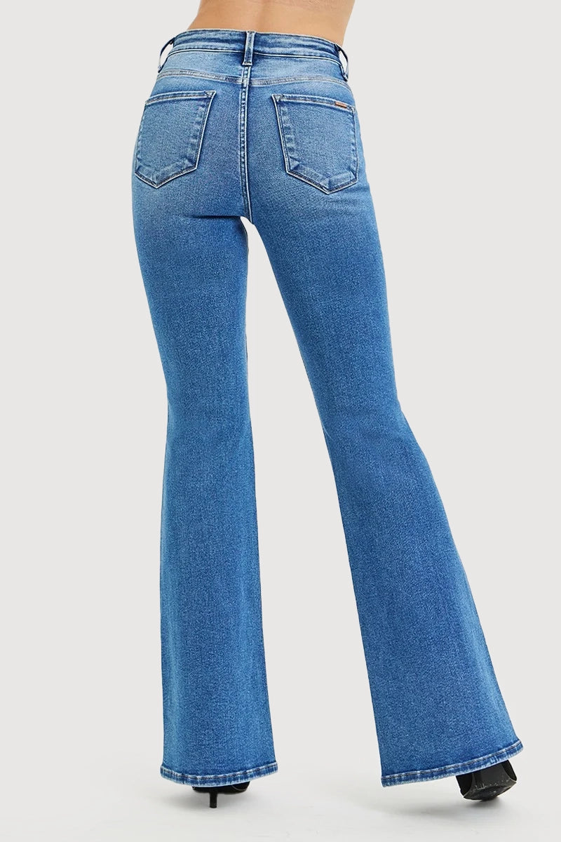 TUMMY CONTORL HIGH RISE FLARE CONTRAST STITCH JEANS