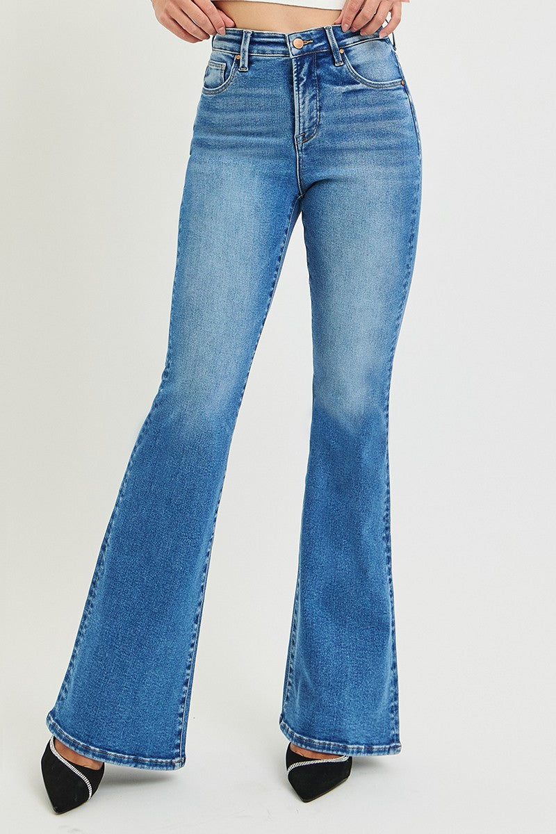 TUMMY CONTORL HIGH RISE FLARE CONTRAST STITCH JEANS