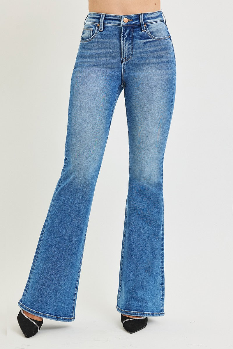 TUMMY CONTORL HIGH RISE FLARE CONTRAST STITCH JEANS