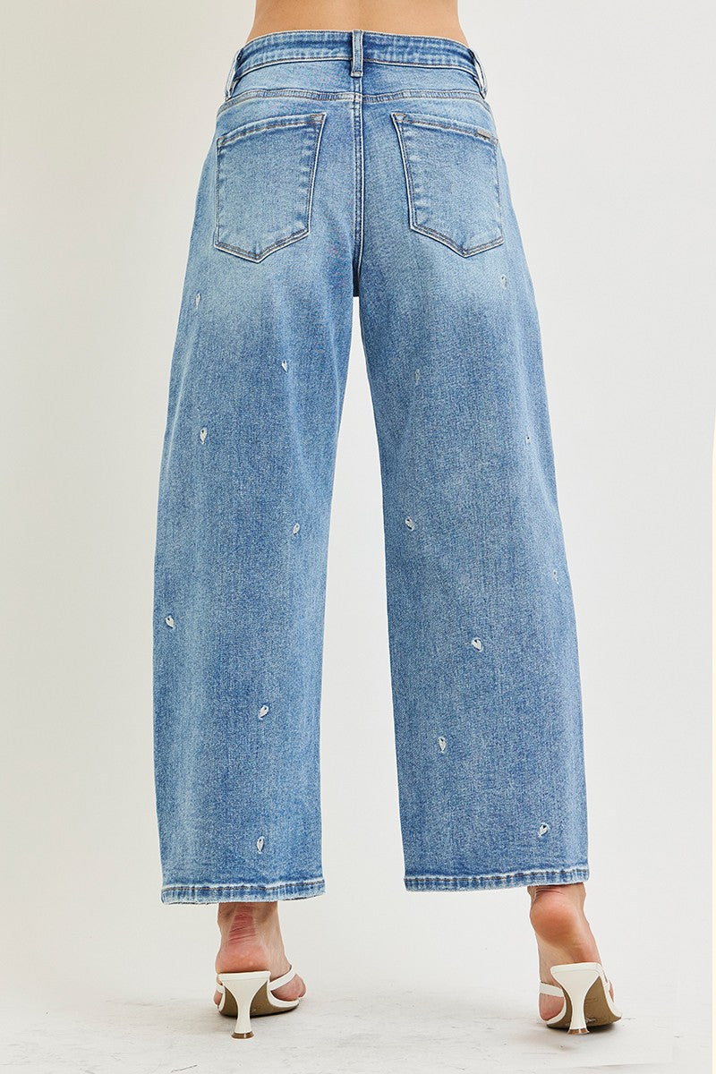 SLOUCHY CROPPED BARREL JEANS WITH EMBROIDERED HEARTS