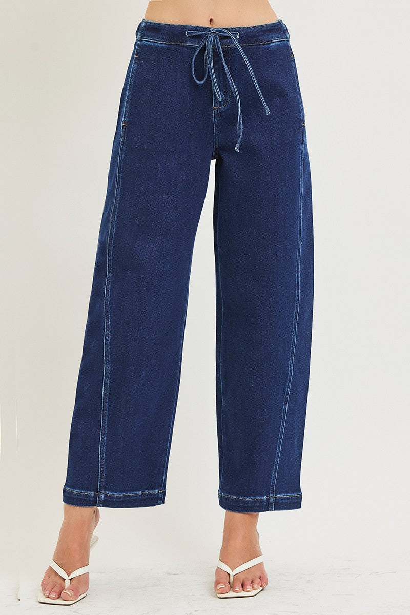 ELASTIC BAND SLOUCHY CROP BARREL JEANS WITH DRAWSTRING