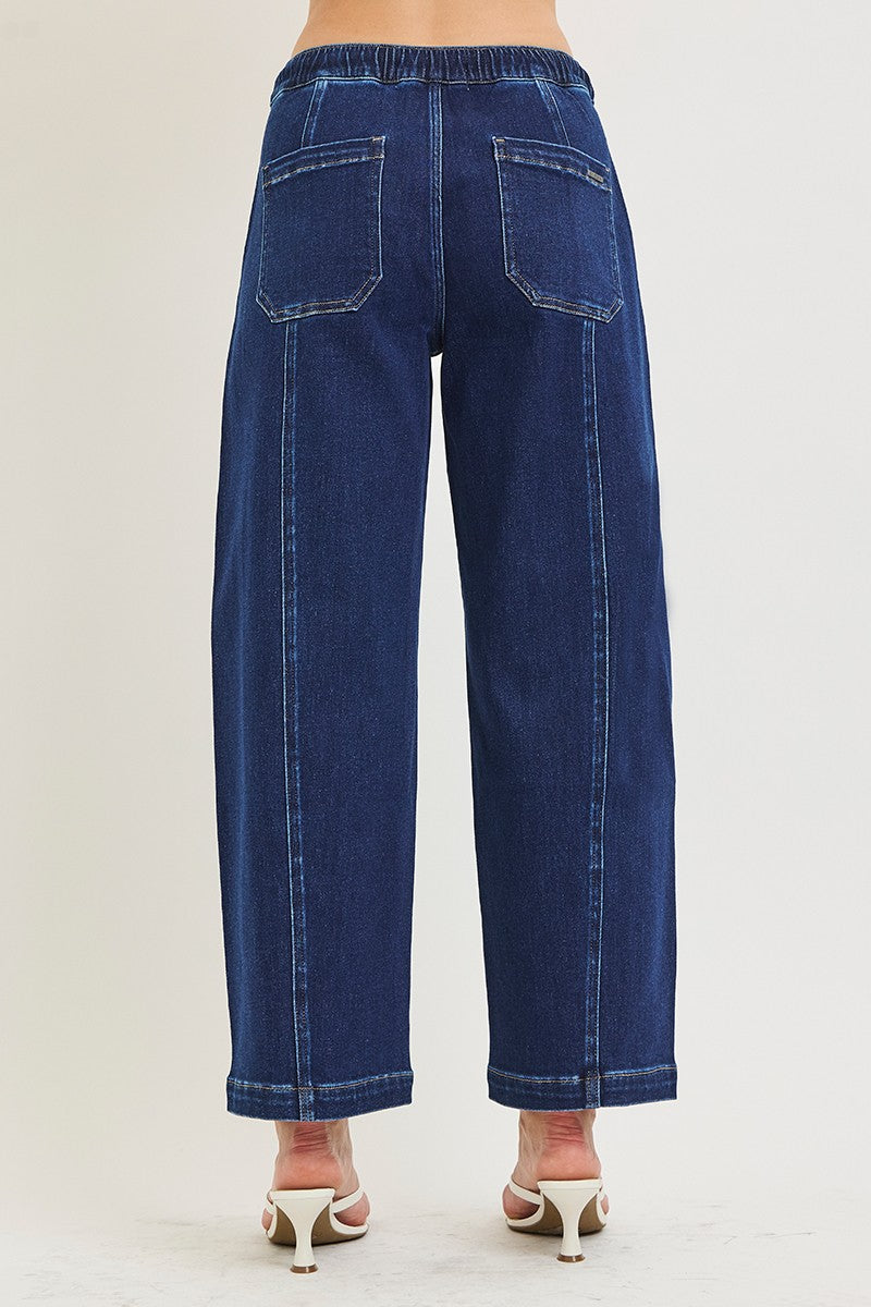 ELASTIC BAND SLOUCHY CROP BARREL JEANS WITH DRAWSTRING