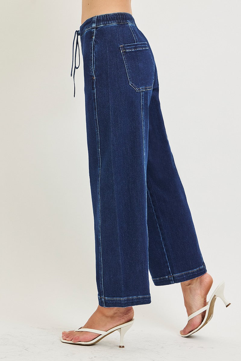 ELASTIC BAND SLOUCHY CROP BARREL JEANS WITH DRAWSTRING