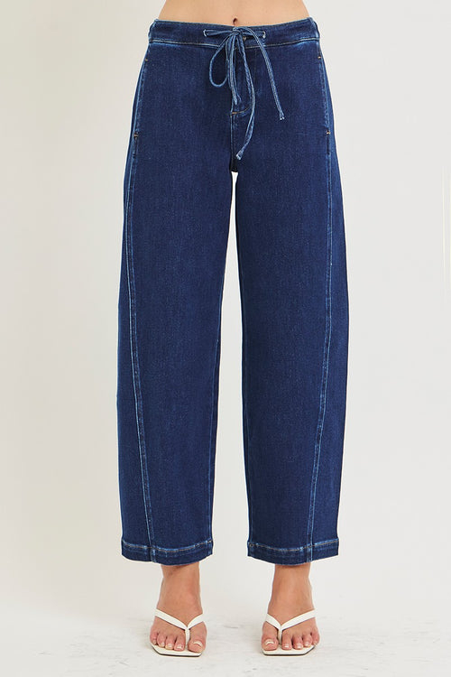 ELASTIC BAND SLOUCHY CROP BARREL JEANS WITH DRAWSTRING
