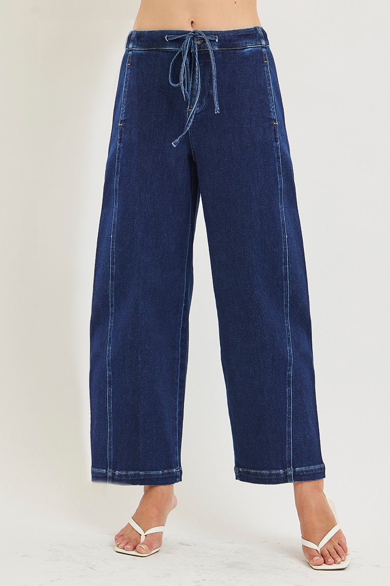 ELASTIC BAND SLOUCHY CROP BARREL JEANS WITH DRAWSTRING