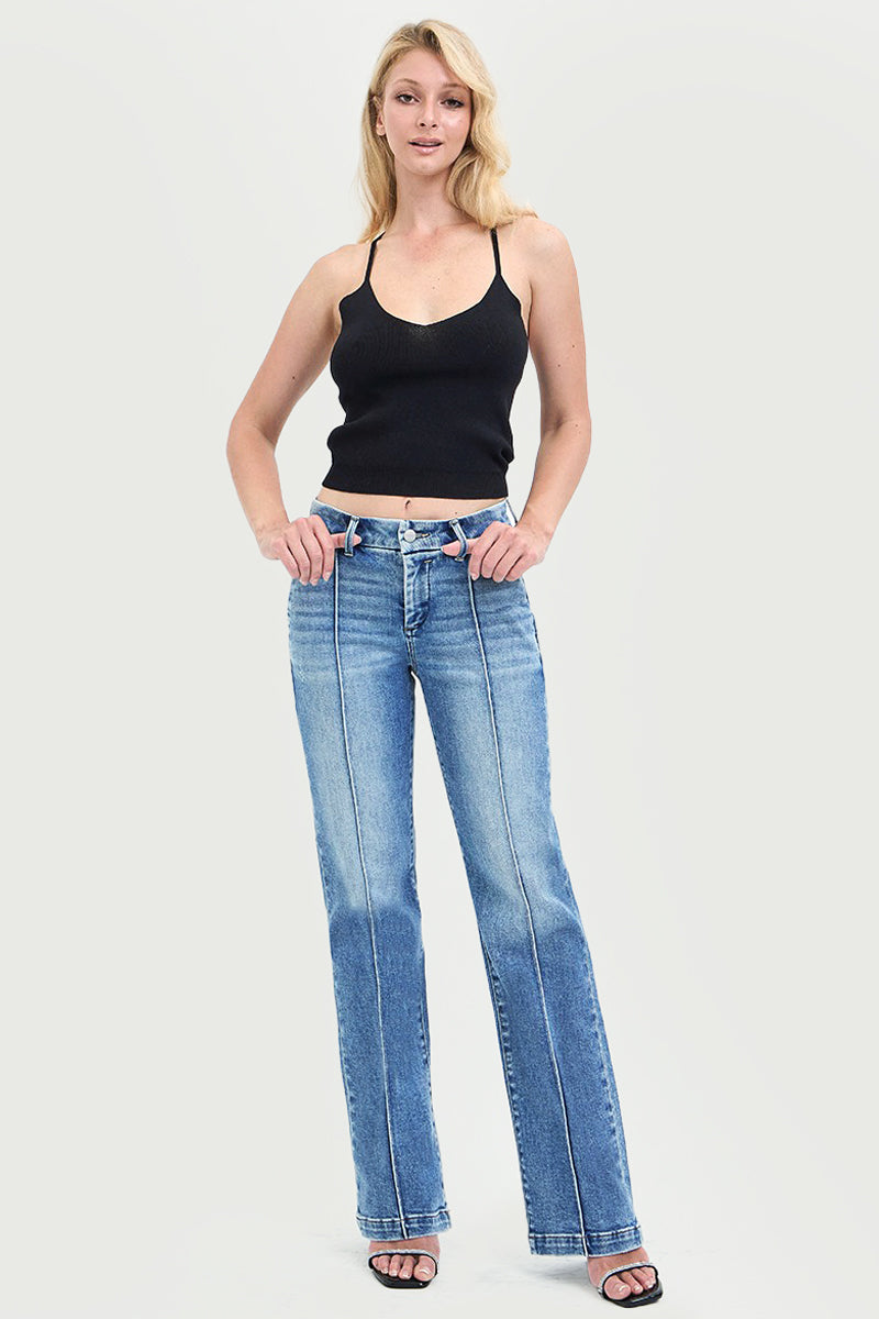 TUMMY CONTORL HIGH RISE STRAIGHT PIN TUCK JEANS