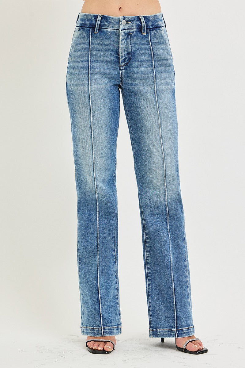 TUMMY CONTORL HIGH RISE STRAIGHT PIN TUCK JEANS