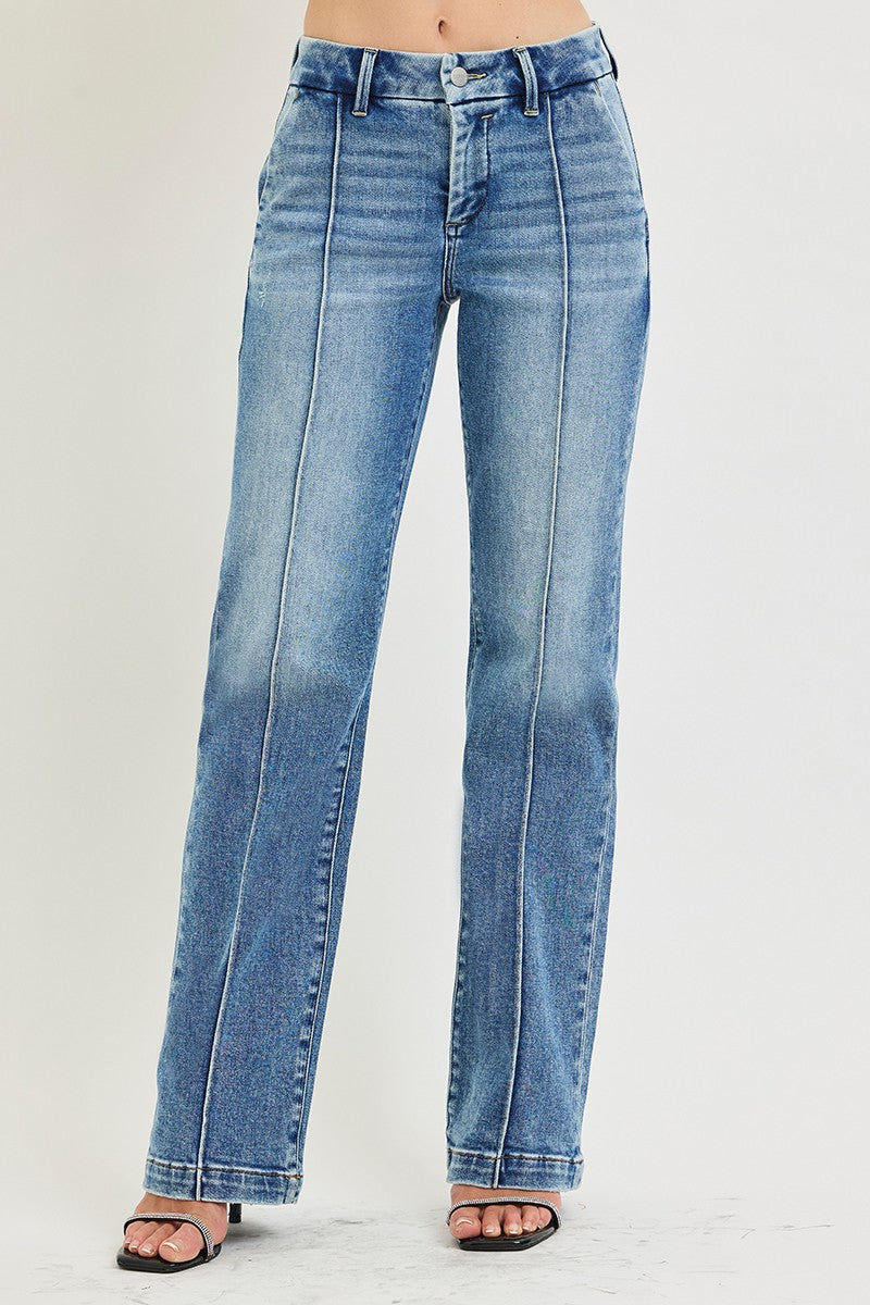 TUMMY CONTORL HIGH RISE STRAIGHT PIN TUCK JEANS