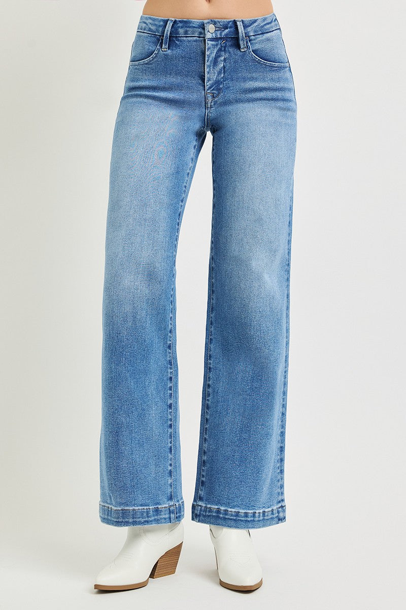 TUMMY CONTROL MID RISE WIDE LEG JEANS