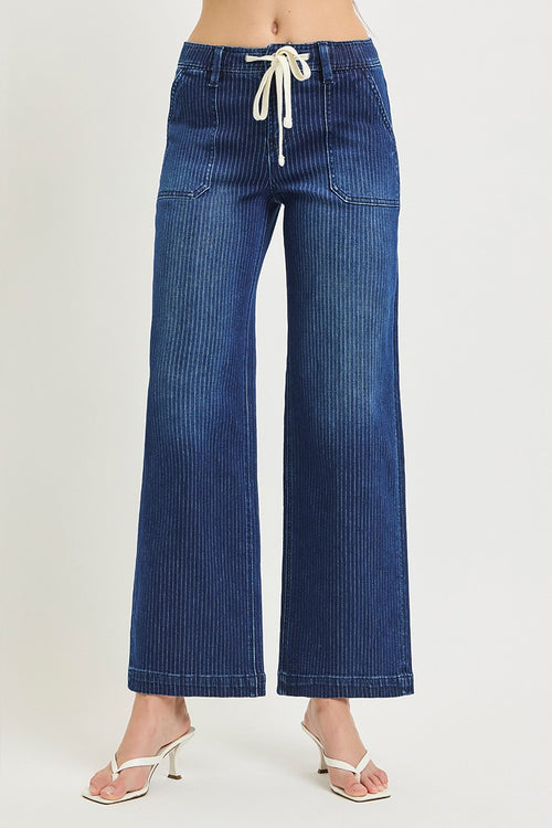 ELASTIC BAND SLOUCHY WIDE JEANS WITH ADJUSTABLE DRAWCORD