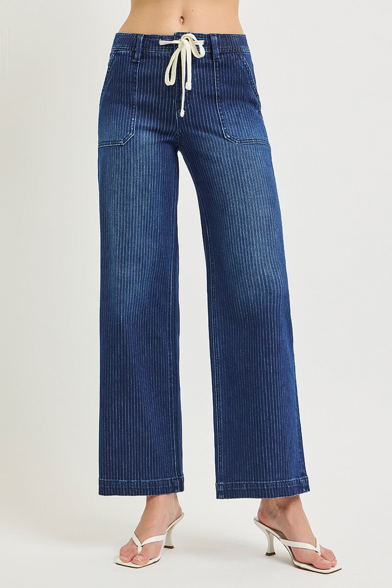 ELASTIC BAND SLOUCHY WIDE JEANS WITH ADJUSTABLE DRAWCORD