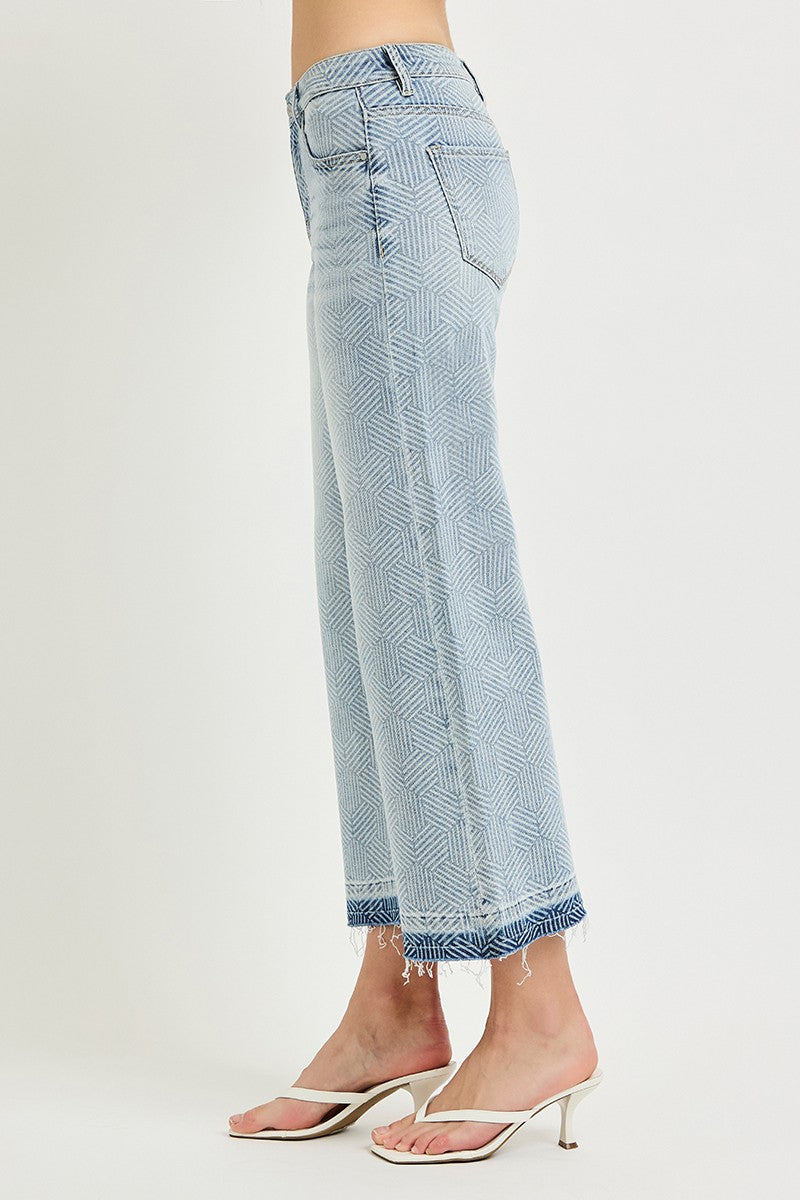 HIGH RISE CROP WIDE GEOMETRIC CUBE PRINT JEANS