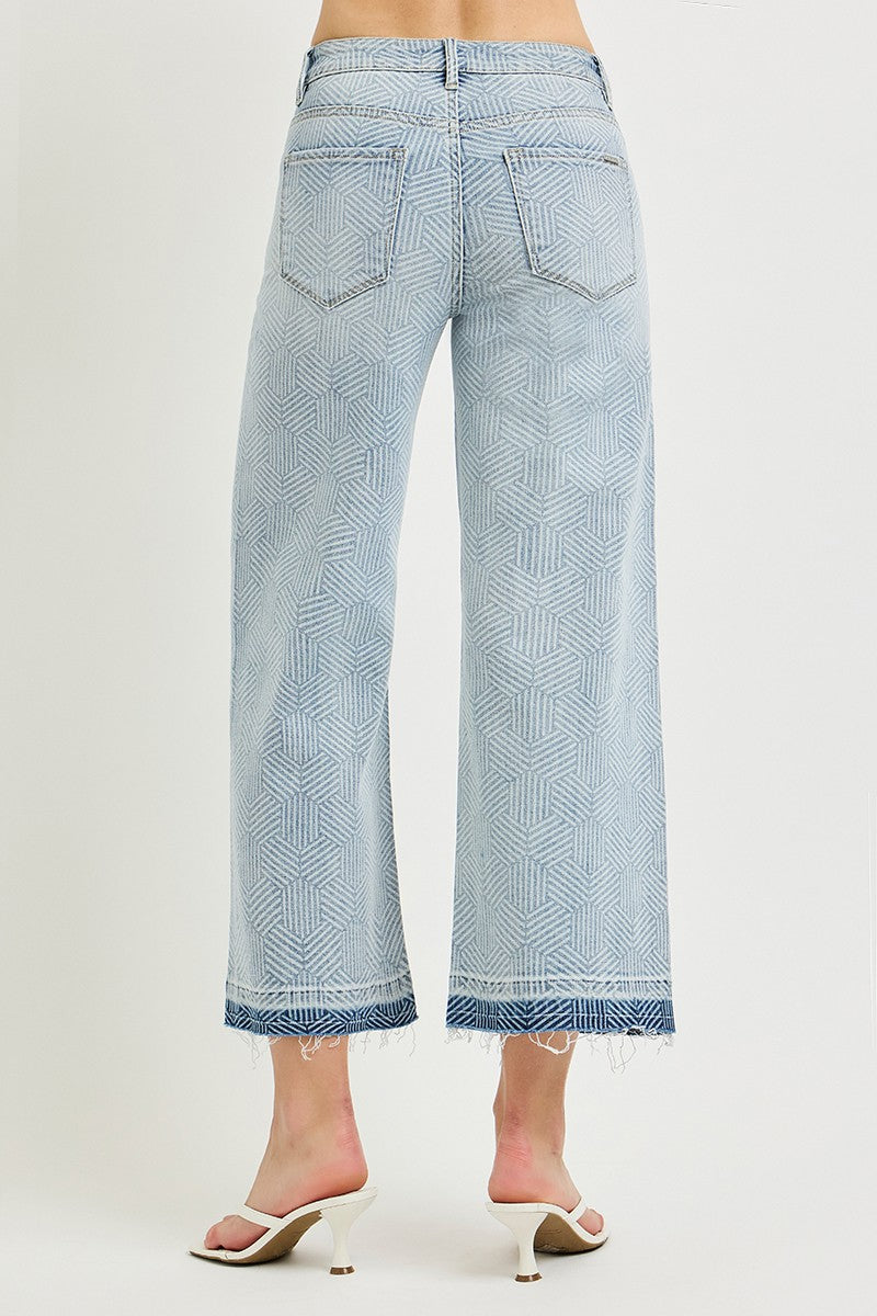 HIGH RISE CROP WIDE GEOMETRIC CUBE PRINT JEANS