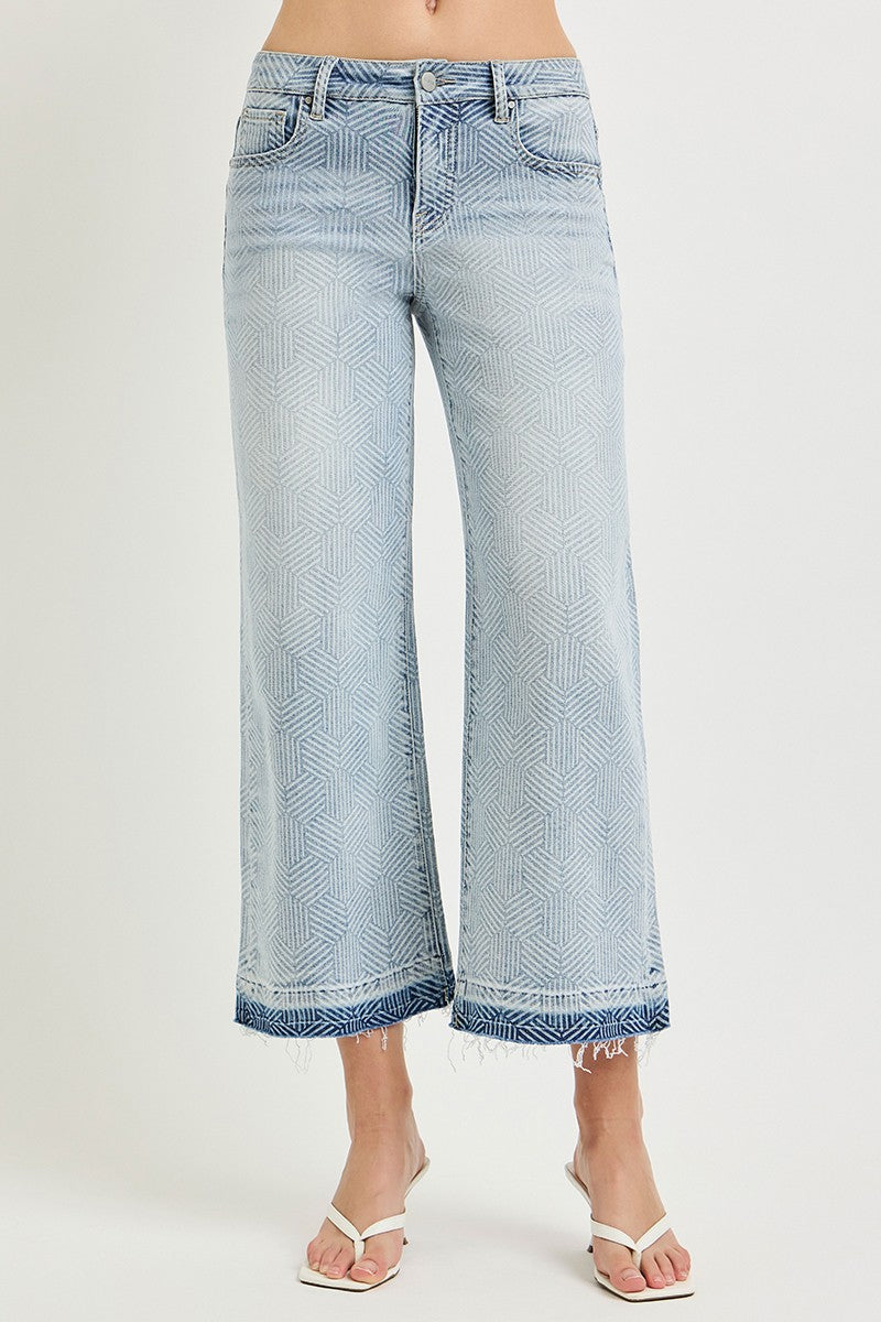 HIGH RISE CROP WIDE GEOMETRIC CUBE PRINT JEANS