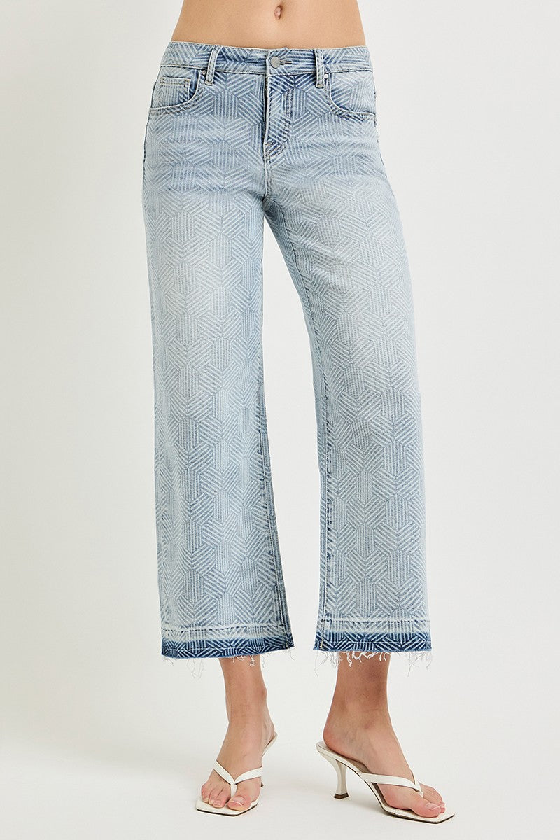 HIGH RISE CROP WIDE GEOMETRIC CUBE PRINT JEANS