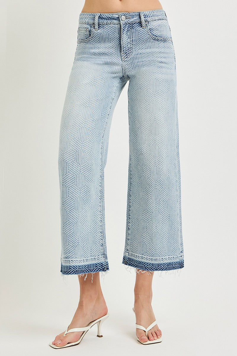 HIGH RISE CROP WIDE GEOMETRIC CUBE PRINT JEANS