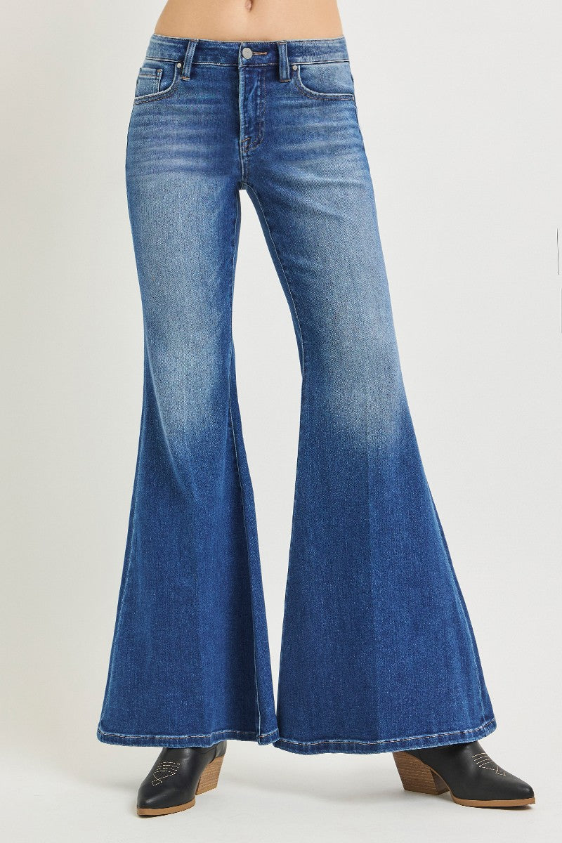 MID RISE WIDE FLARE JEANS WITH CREASE LINE