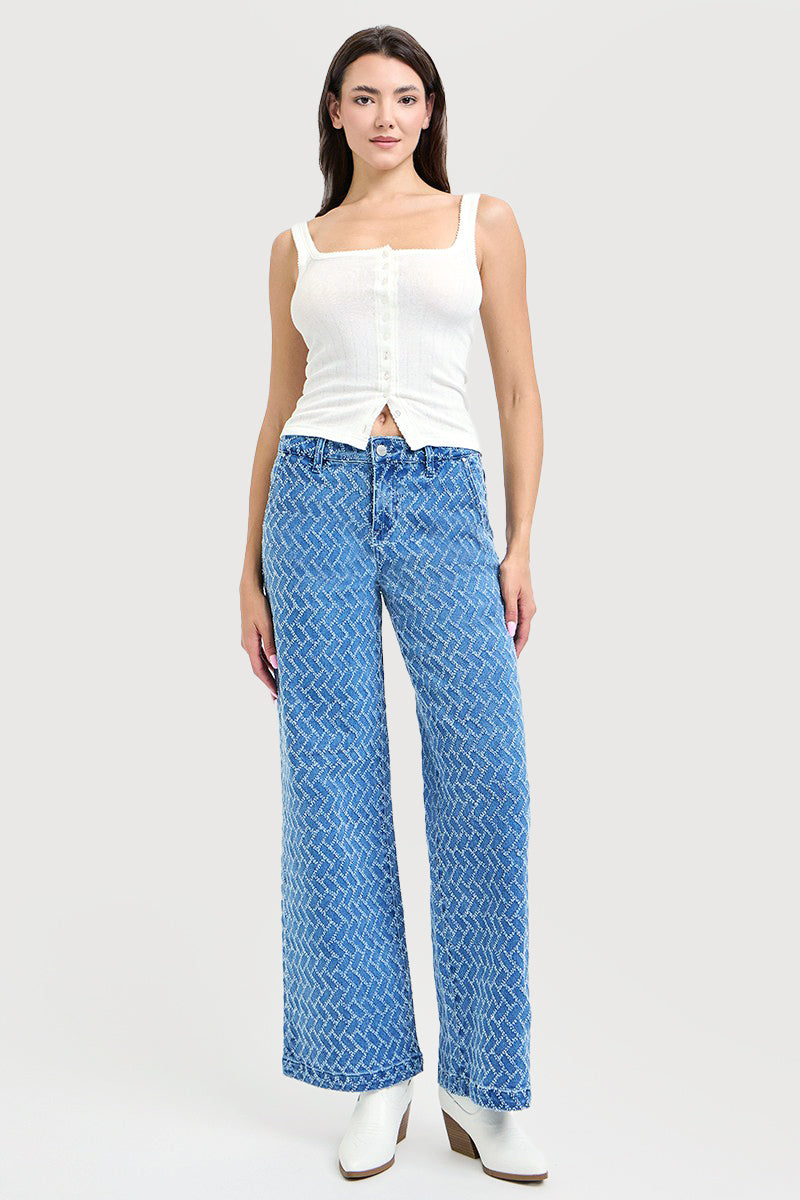 HIGH RISE WIDE LEG TEXTURED PATTERN JEANS