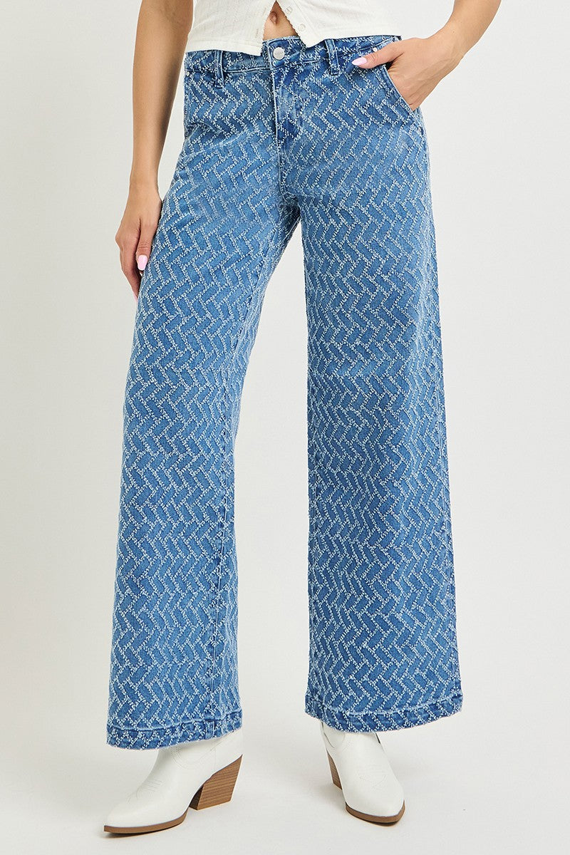 HIGH RISE WIDE LEG TEXTURED PATTERN JEANS