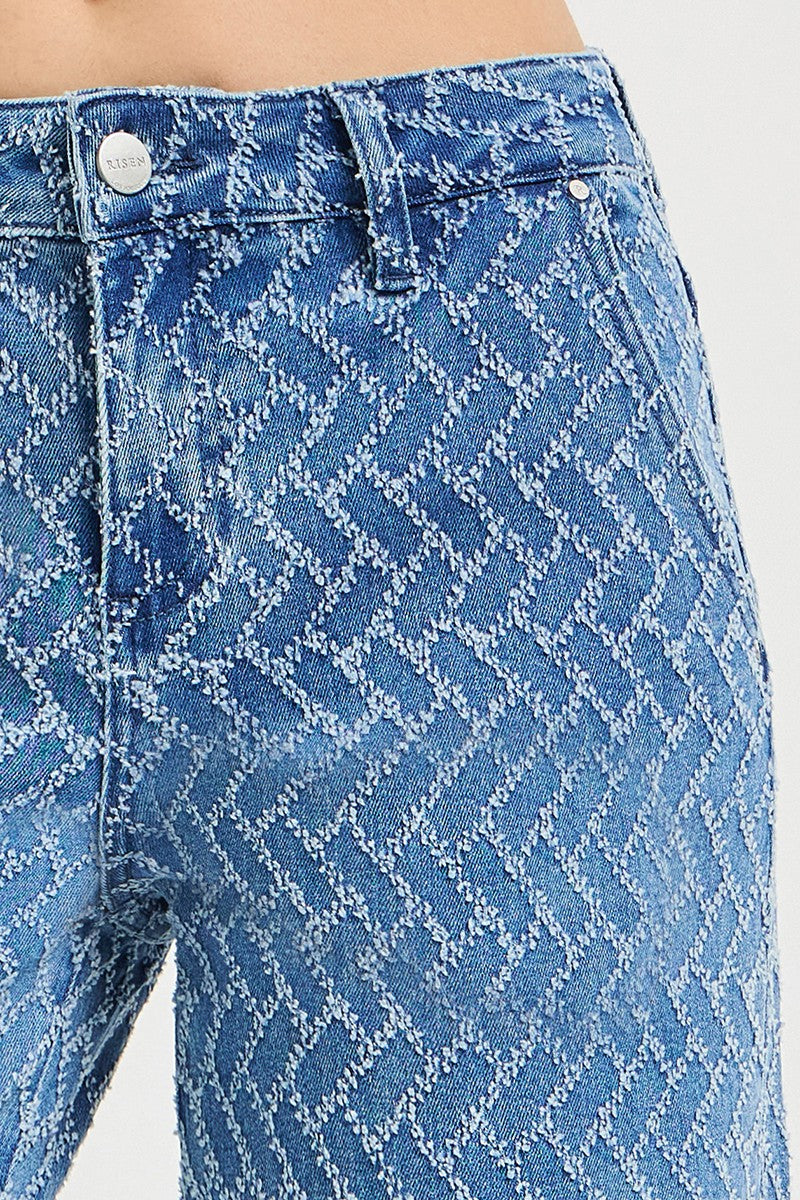 HIGH RISE WIDE LEG TEXTURED PATTERN JEANS