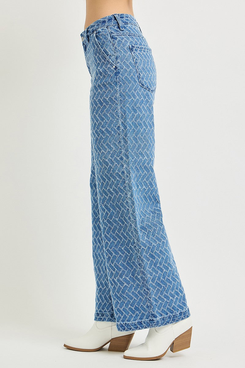 HIGH RISE WIDE LEG TEXTURED PATTERN JEANS