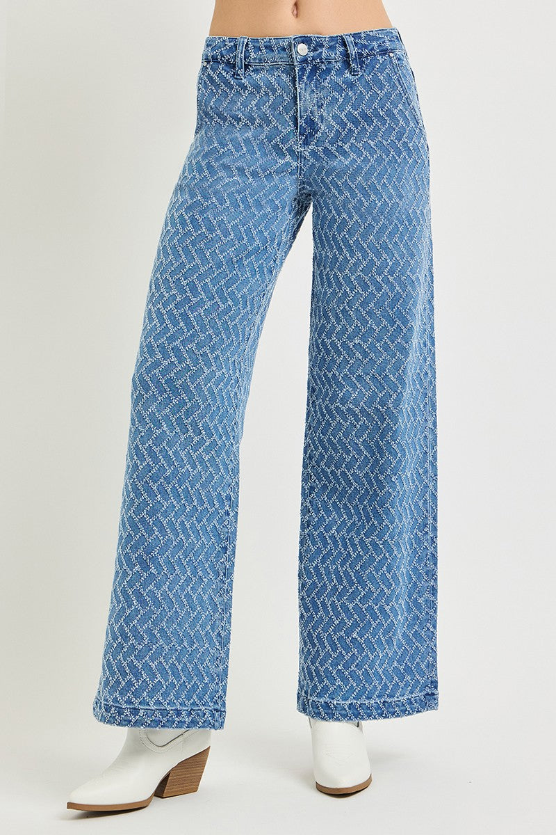 HIGH RISE WIDE LEG TEXTURED PATTERN JEANS