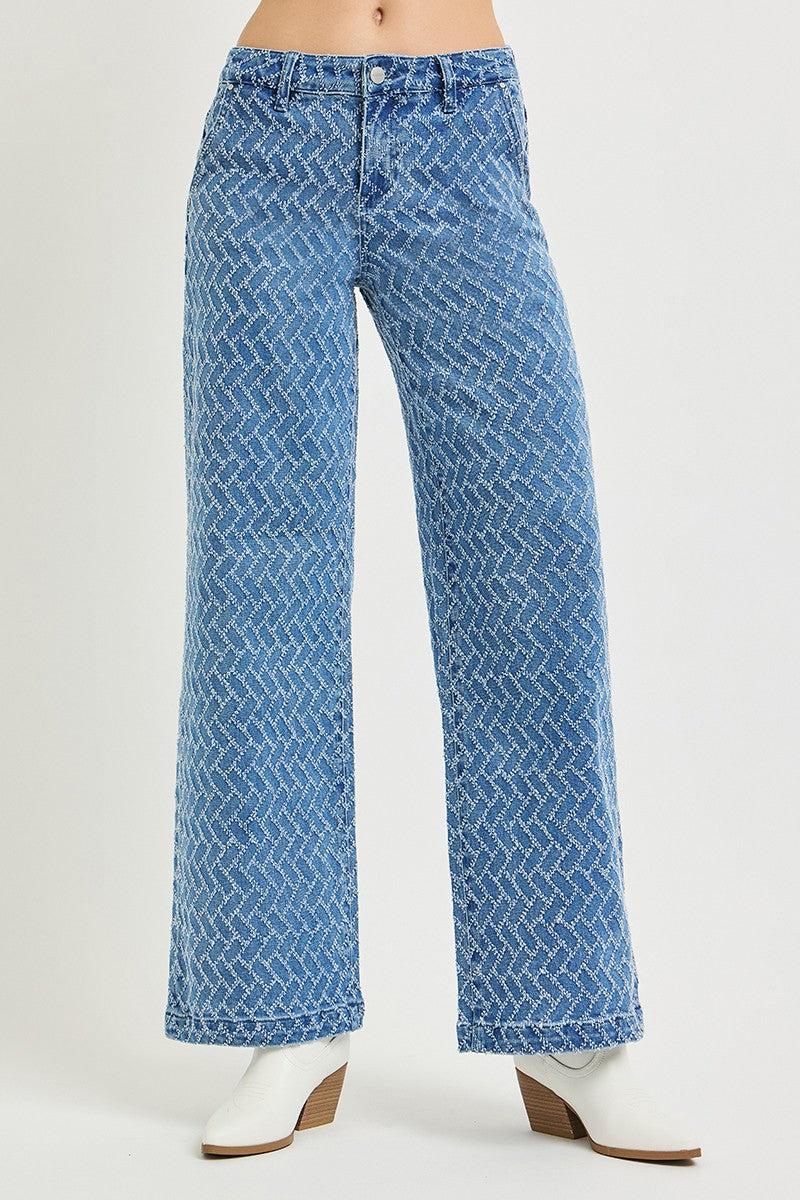 HIGH RISE WIDE LEG TEXTURED PATTERN JEANS