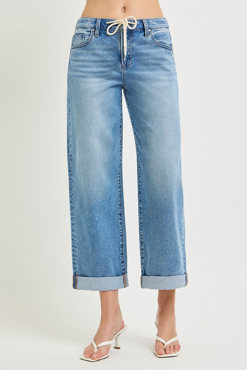 ELASTIC BAND HIGH RISE CROP WIDE JEANS WITH DREAWSTRING