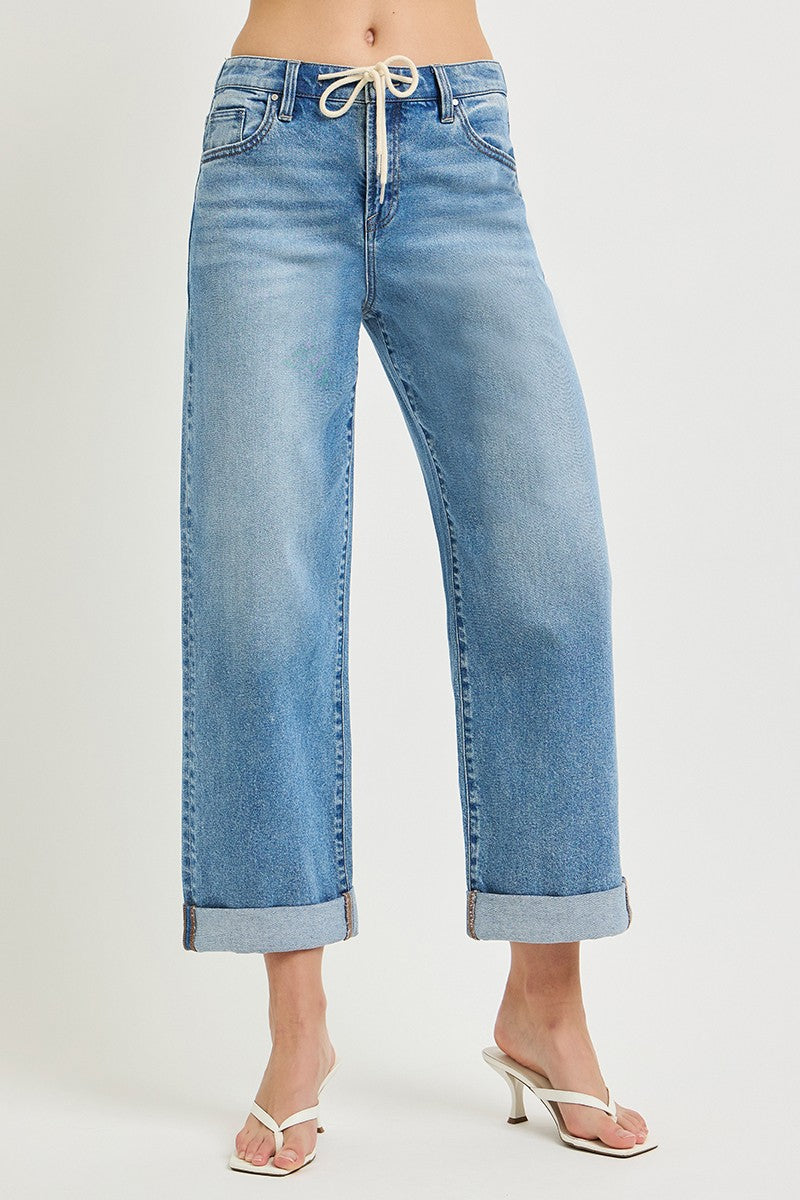 ELASTIC BAND HIGH RISE CROP WIDE JEANS WITH DREAWSTRING