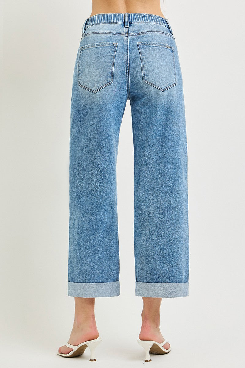 ELASTIC BAND HIGH RISE CROP WIDE JEANS WITH DREAWSTRING