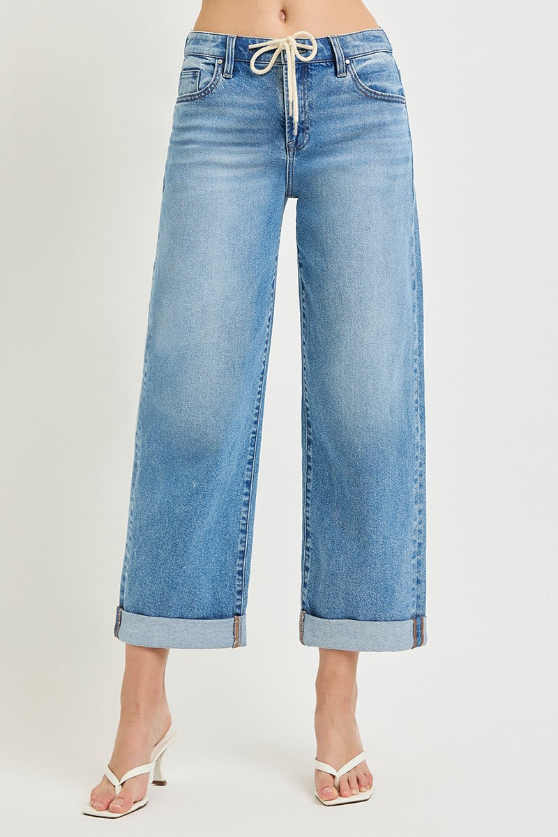 ELASTIC BAND HIGH RISE CROP WIDE JEANS WITH DREAWSTRING
