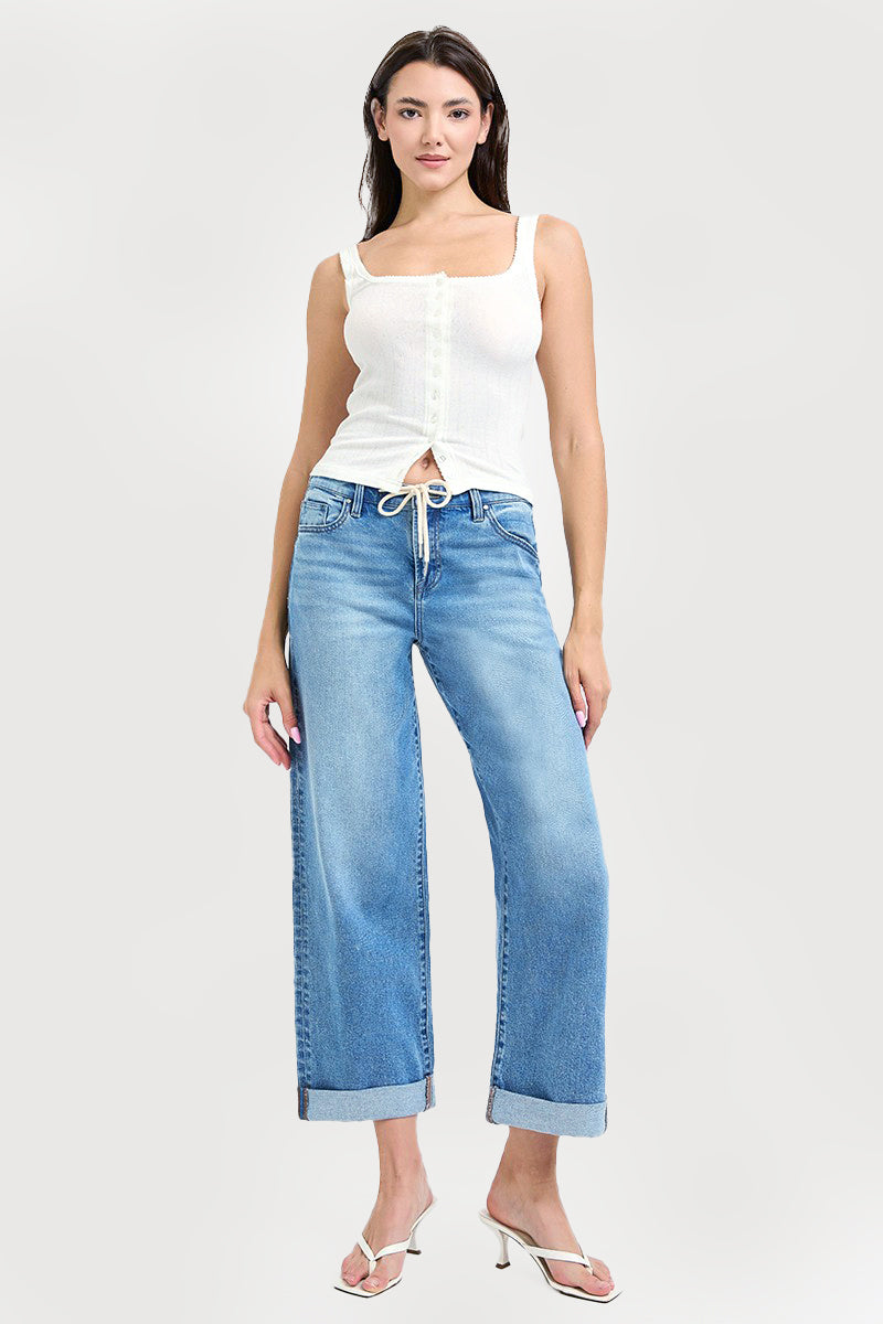ELASTIC BAND HIGH RISE CROP WIDE JEANS WITH DREAWSTRING