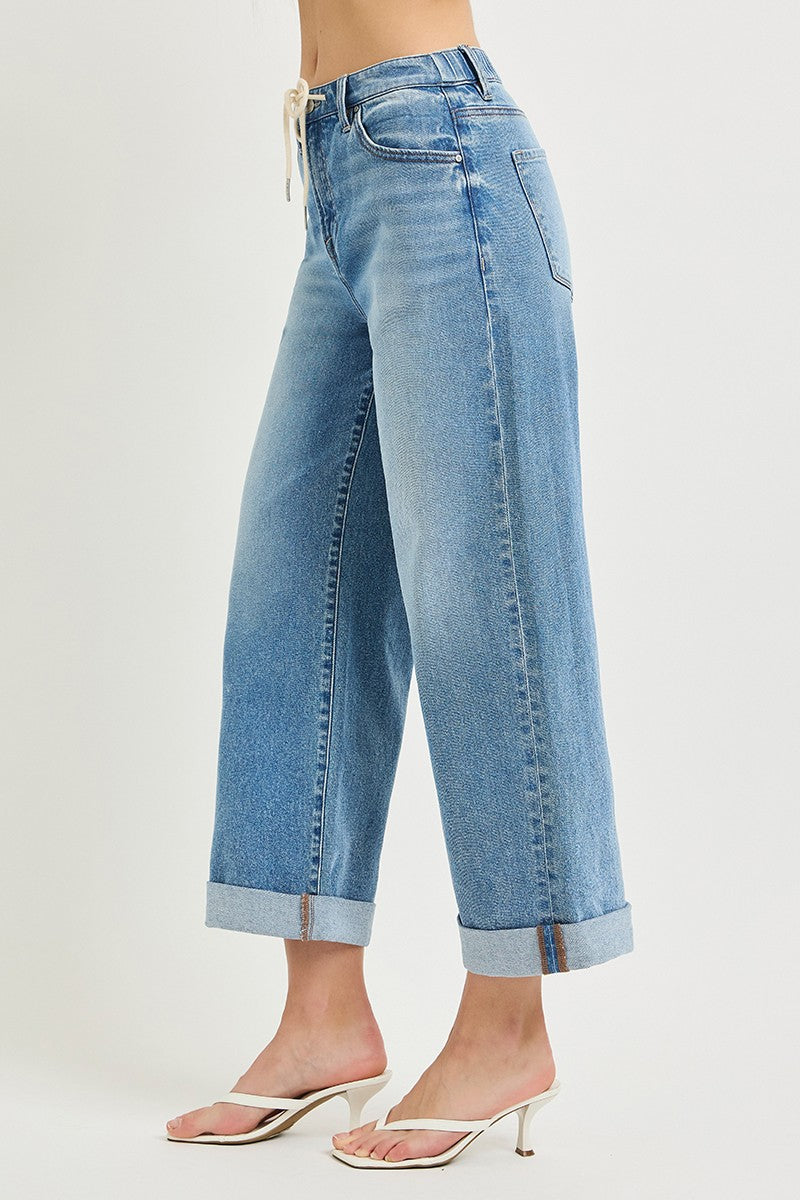 ELASTIC BAND HIGH RISE CROP WIDE JEANS WITH DREAWSTRING