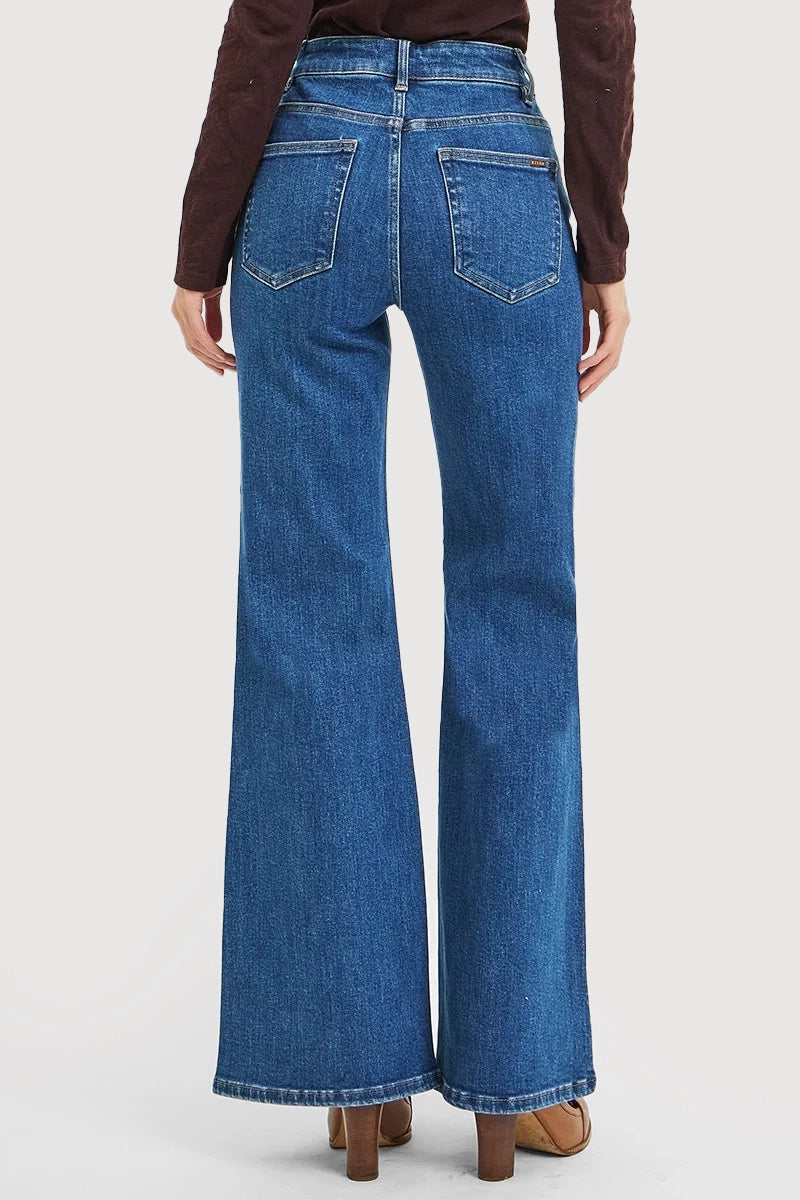 HIGH RISE WIDE FLARE FRONT FLAP DETAIL JEANS