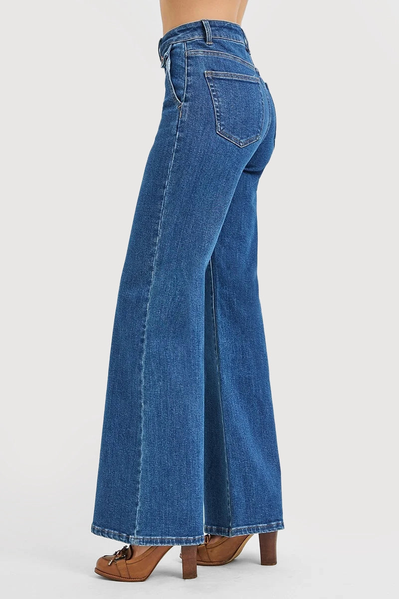 HIGH RISE WIDE FLARE FRONT FLAP DETAIL JEANS